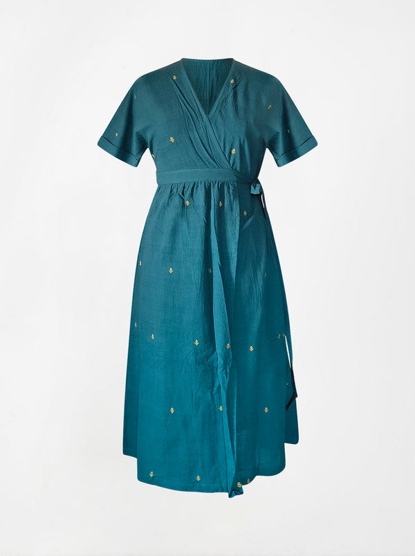 indigenous organic cotton wrap dress petrol blue