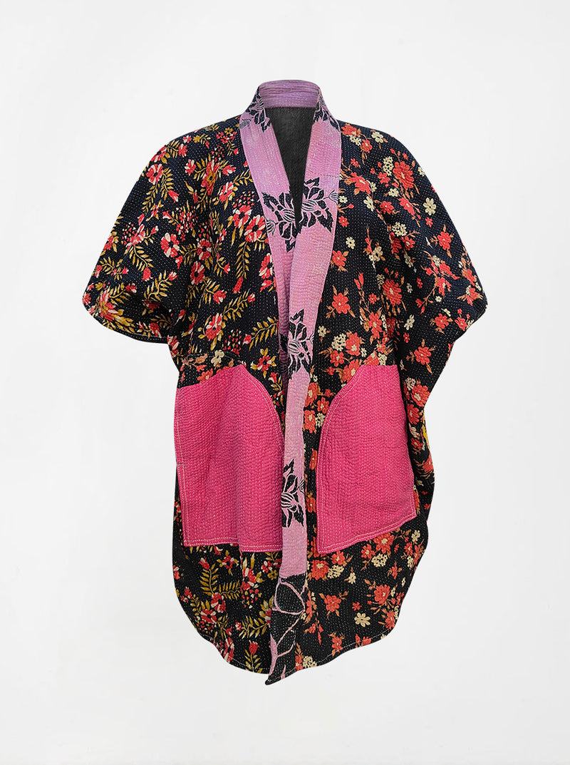kantha vintage reversible long poncho shola (Butterfly)