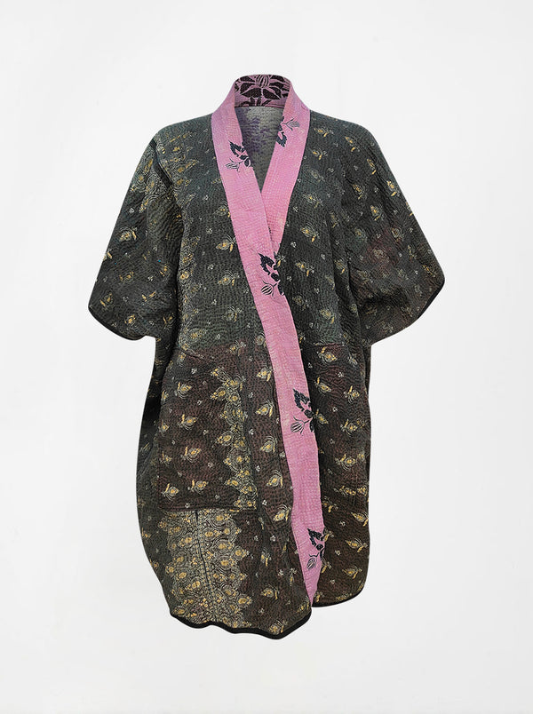 kantha vintage reversible long poncho kaali (Butterfly)