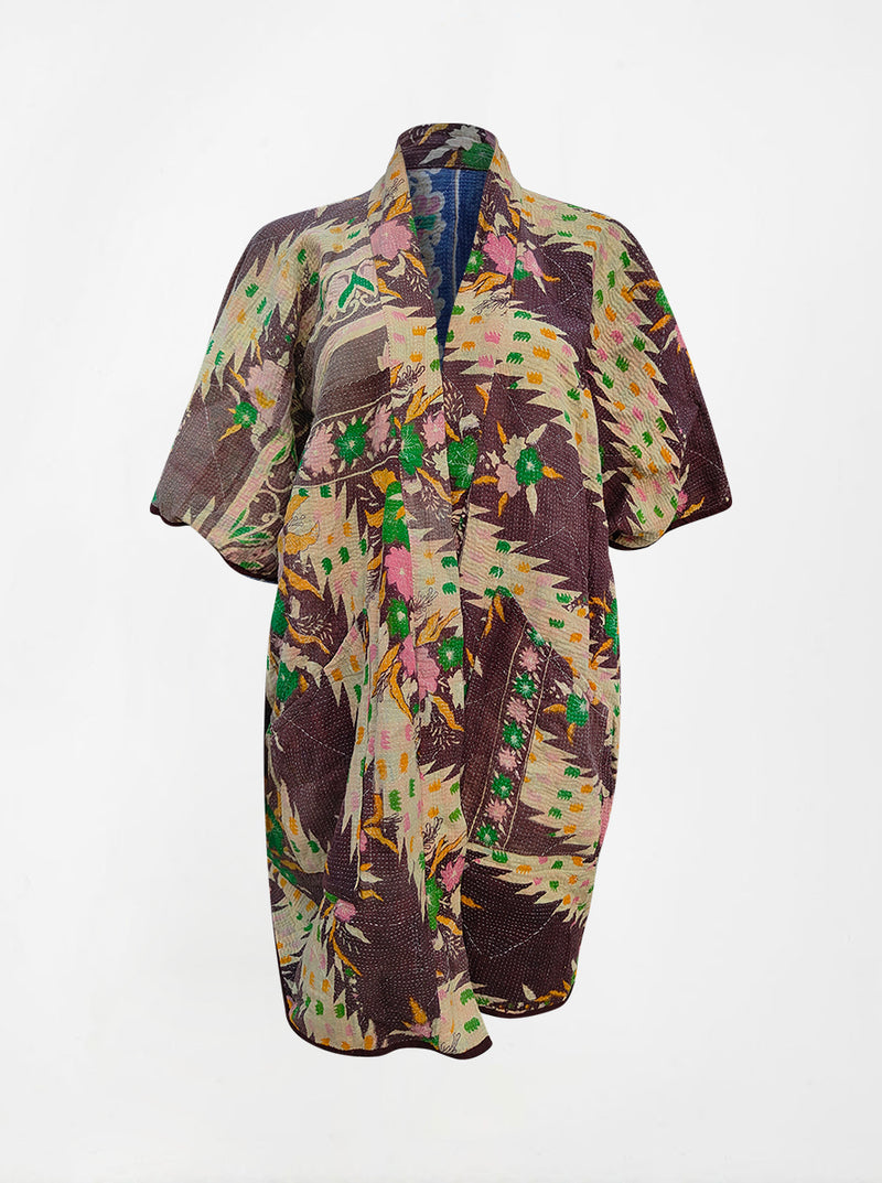 kantha vintage reversible long poncho kamla (Butterfly)