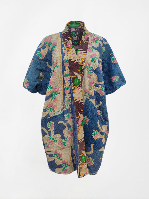kantha vintage reversible long poncho kamla (Butterfly)