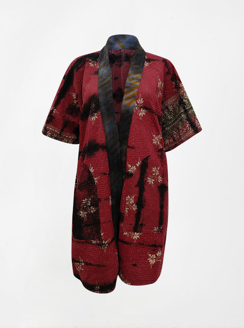 kantha vintage reversible long poncho laali (tie and dye)