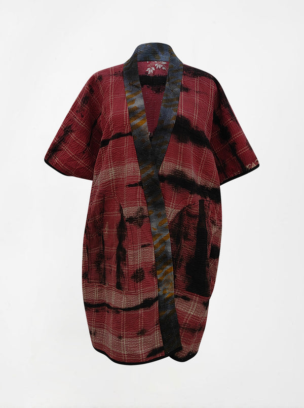 kantha vintage reversible long poncho laali (tie and dye)
