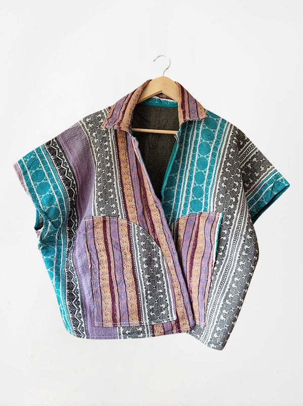 kantha vintage reversible short poncho ameena (zari)