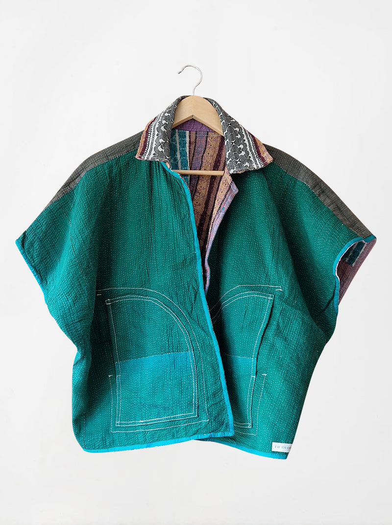 kantha vintage reversible short poncho ameena (zari)