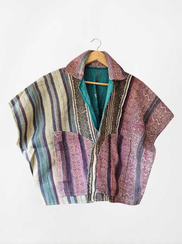 kantha vintage reversible short poncho asma (zari)