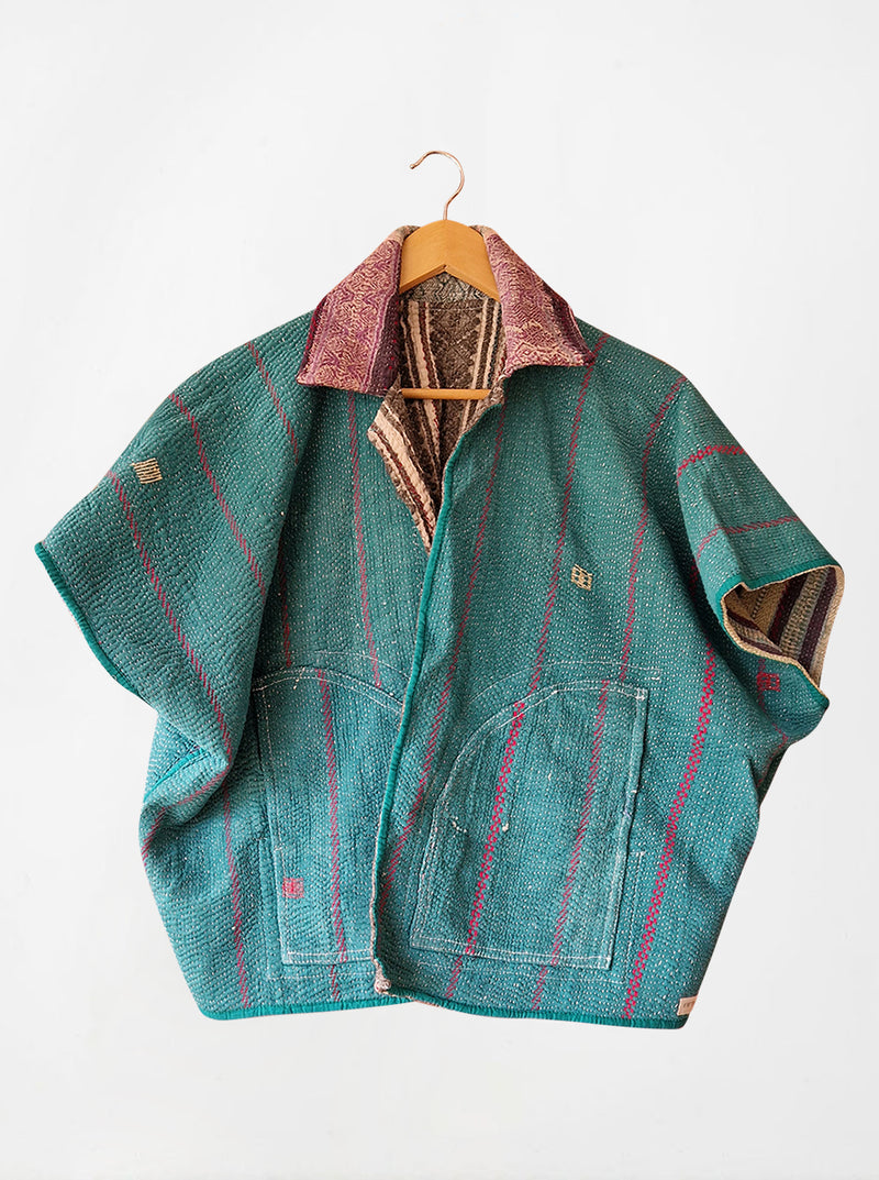 kantha vintage reversible short poncho asma (zari)