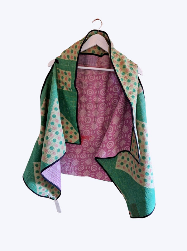 kantha vintage cape - green pink