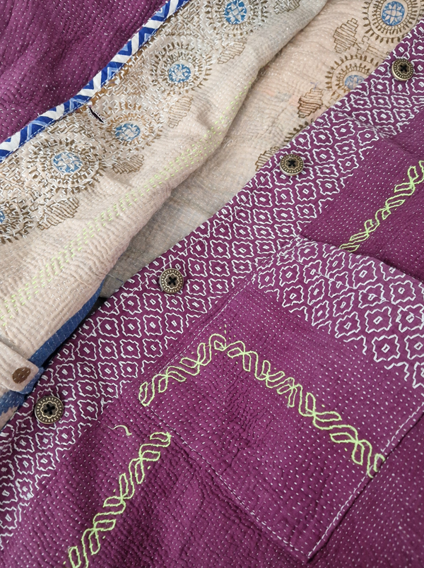 kantha reversible jacket sample orange purple cream