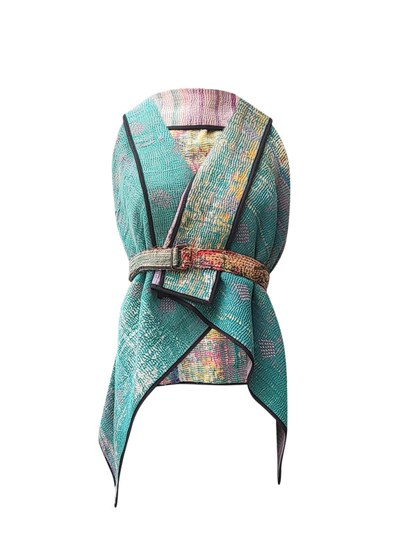 kantha vintage cape - lush green