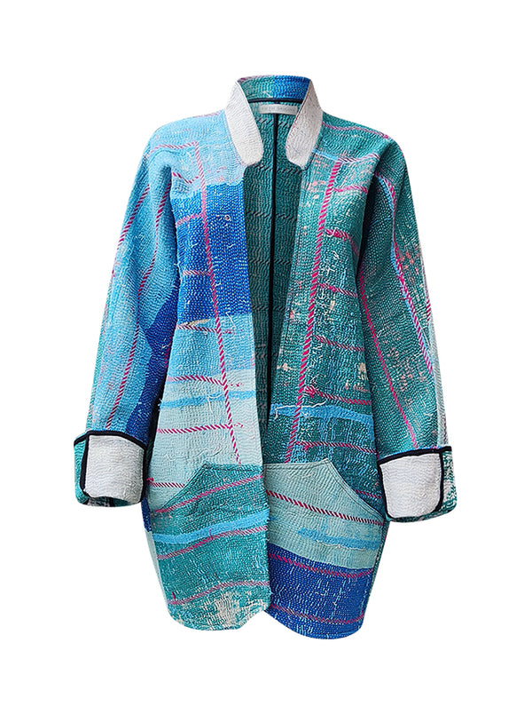Giacca Kimono Vintage In Cotone Kantha Fatta A Mano - Multicolore, Lunga E Trapuntata