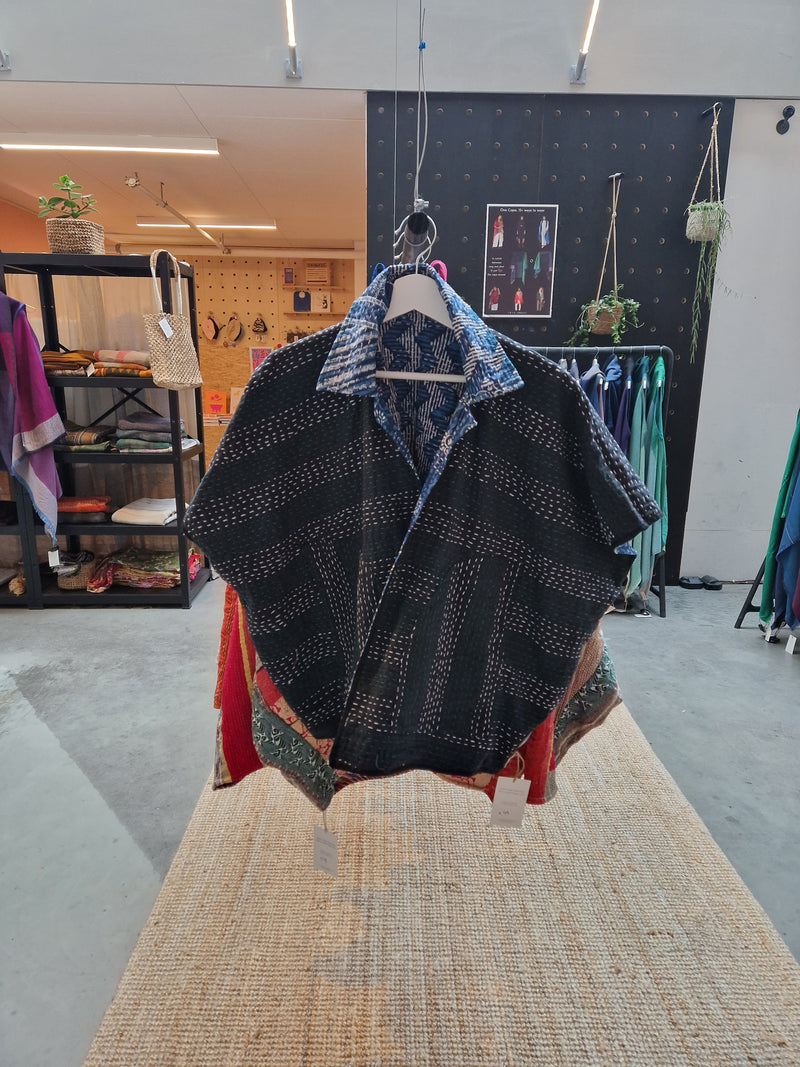 kantha vintage reversible short poncho (indigo) boutique